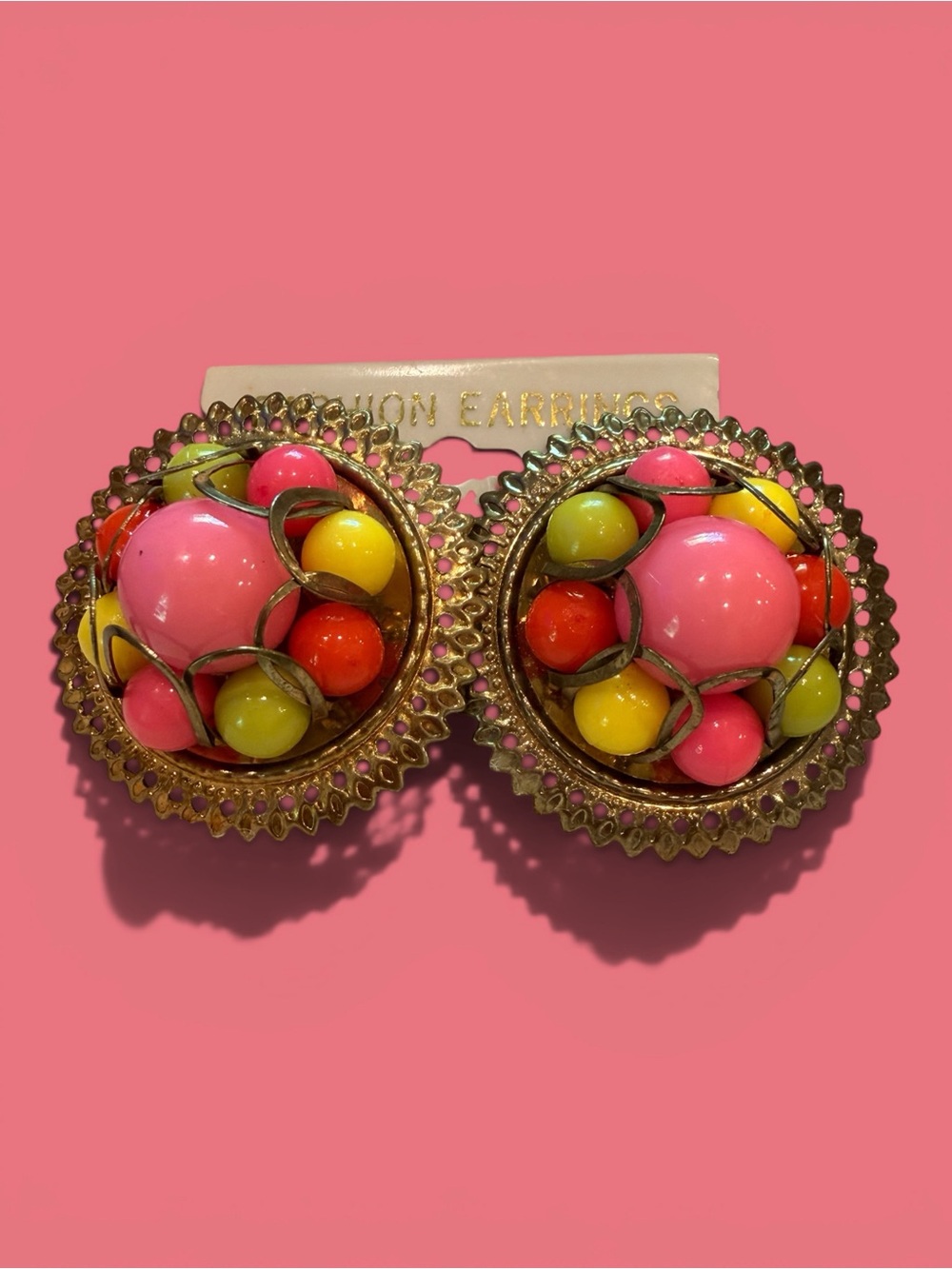 1960’s-70’s VINTAGE Colorful Pink & Multicolor Beaded Statement Earrings